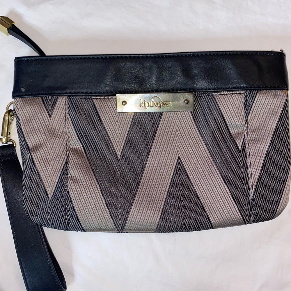 Kipling Black and Taupe Chevron Wristlet Clutch